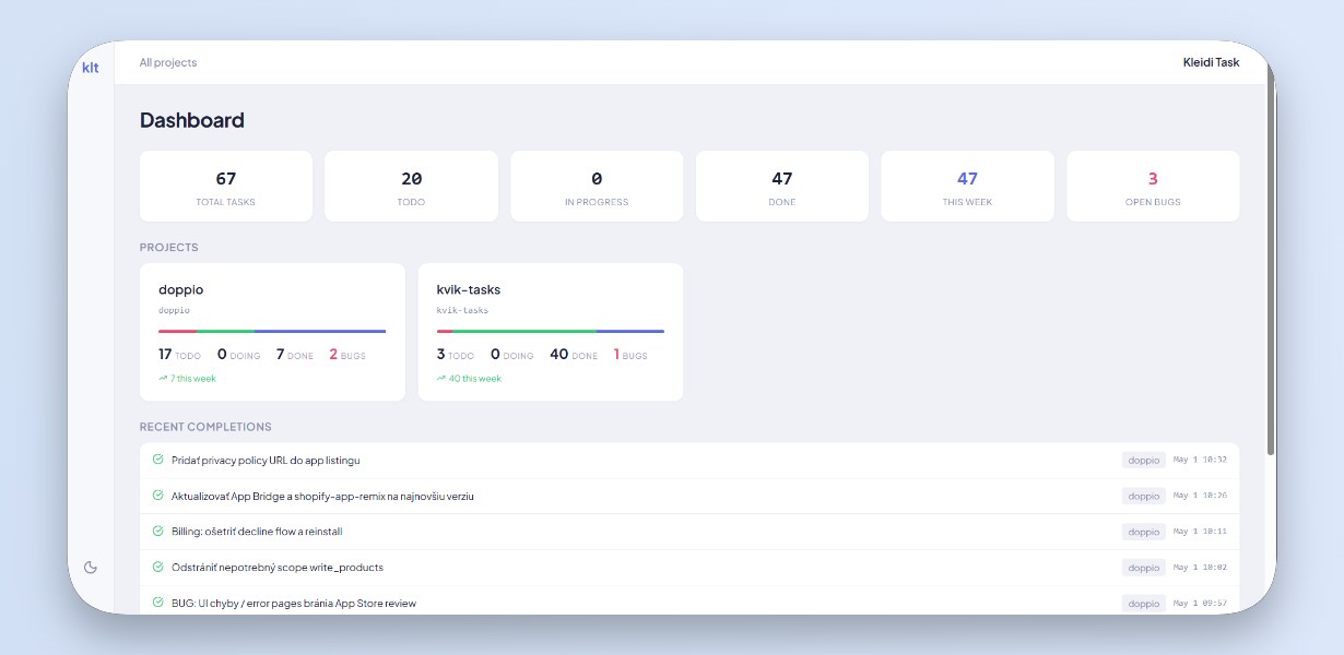 kleidi-task dashboard